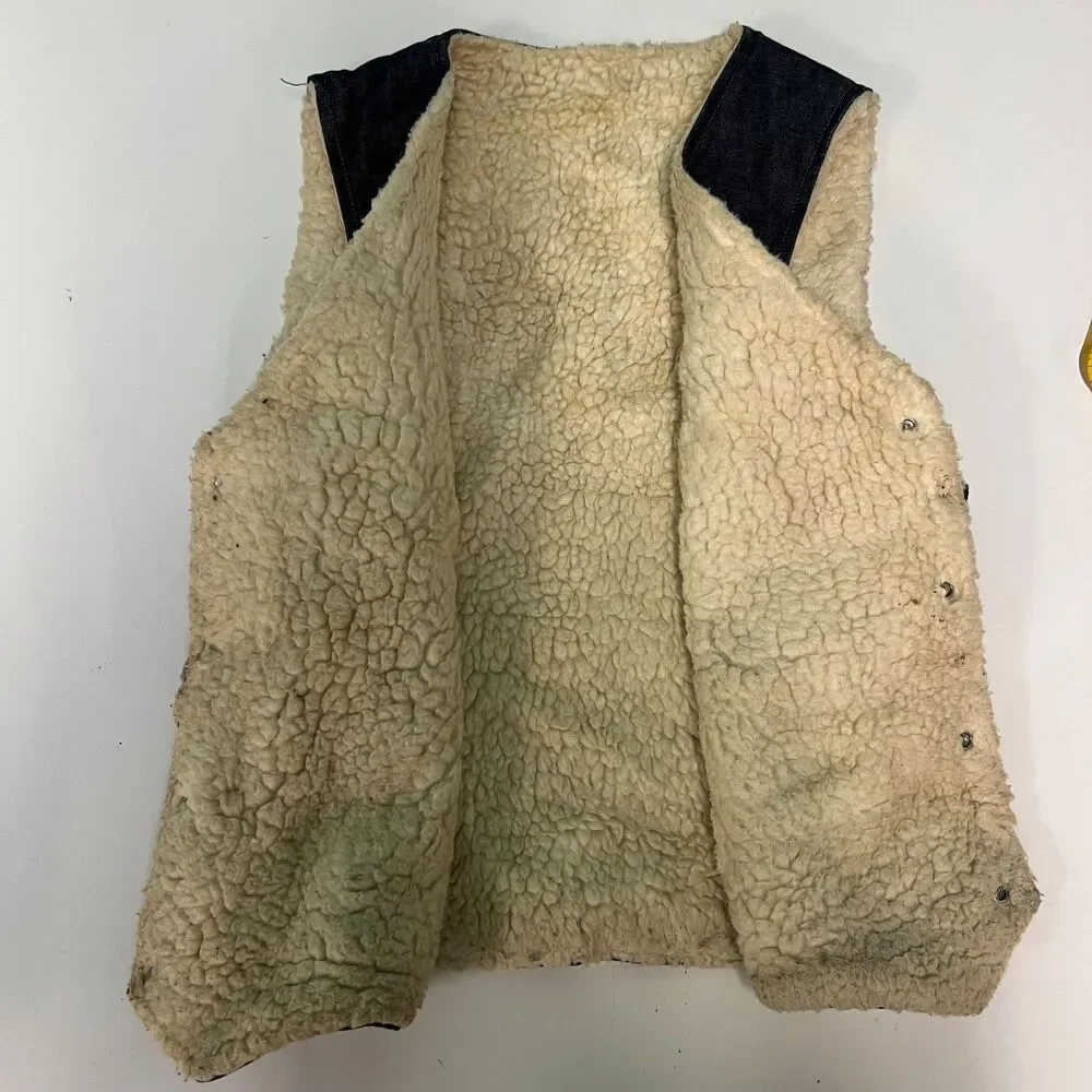 Vintage 1950s Sherpa-Lined Denim Vest Snap Front Western Trucker Size Large